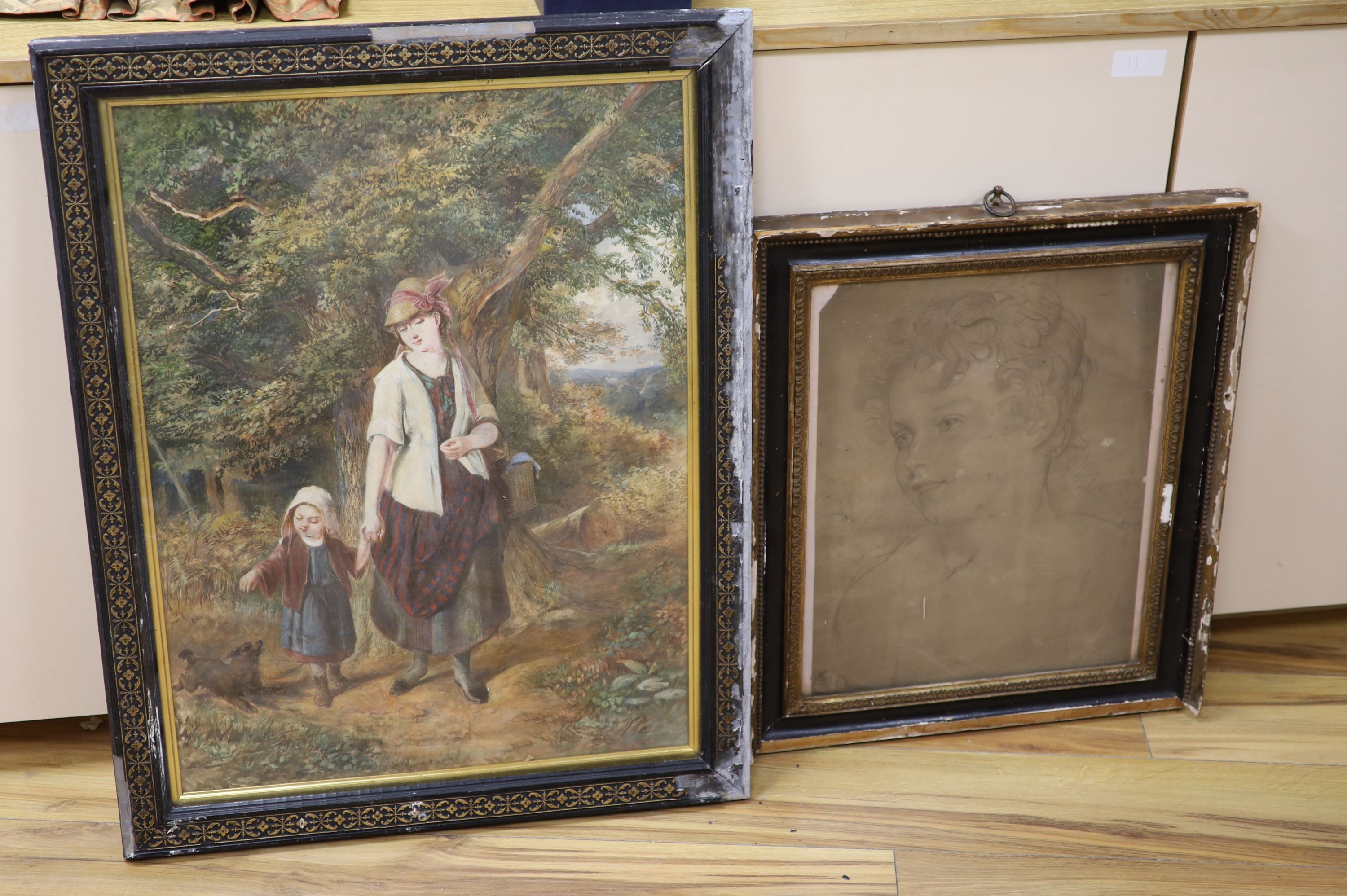 Victorian School, watercolour, Mother and child on a lane, indistinctly signed 66 x 48 cm, and an engraved study of a youth, 44 x 34cm.